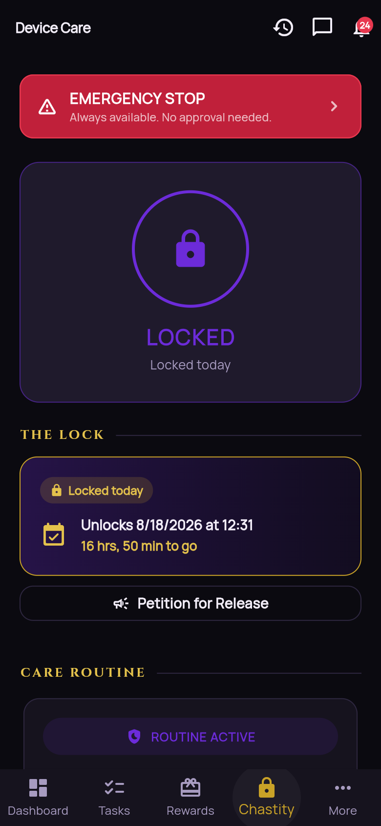 Device Care screen with Emergency Stop and unlock countdown